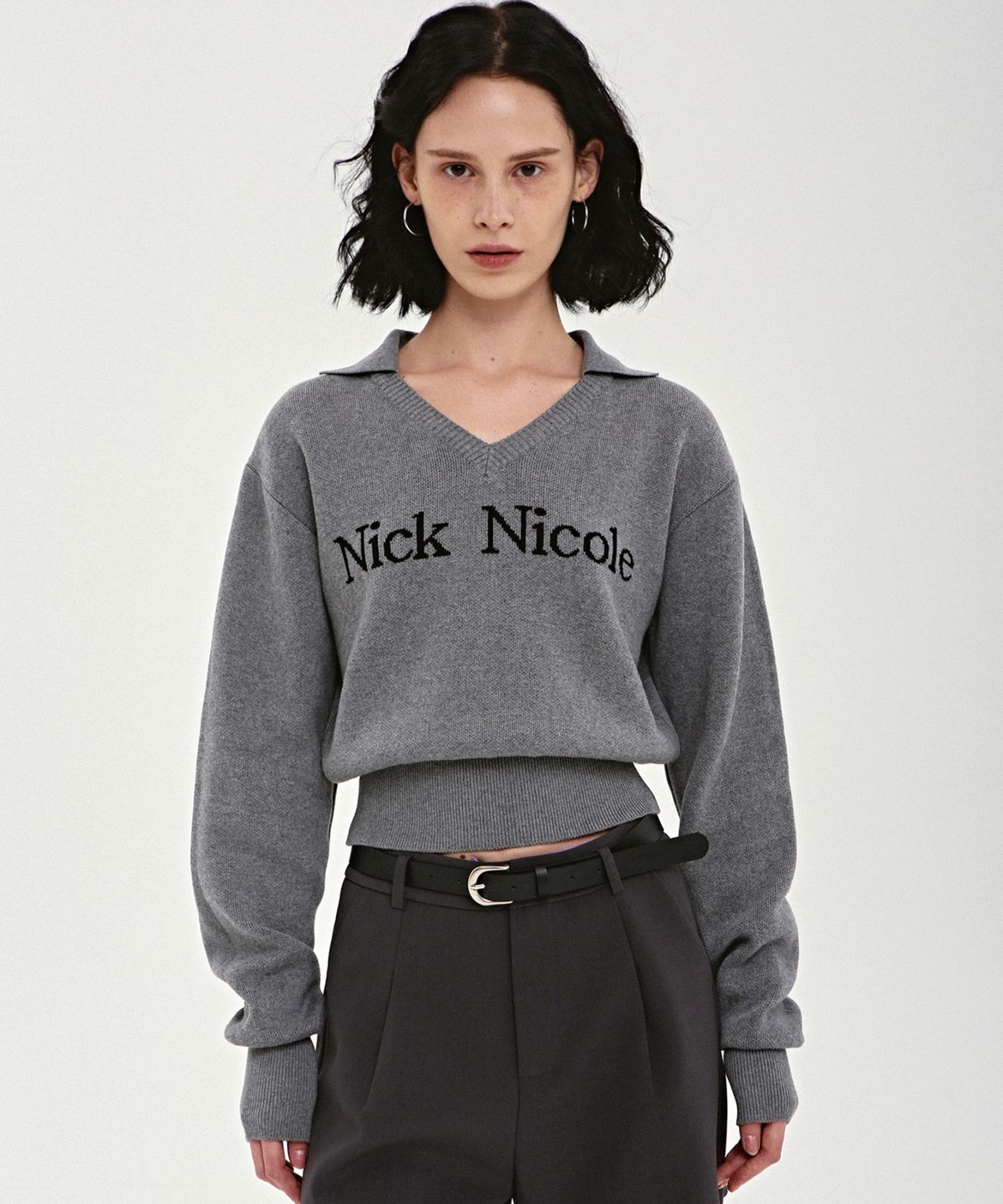 닉앤니콜(NICK&NICOLE) NICOLE COLOR BLOCK COLLAR KNIT_CHARCOAL