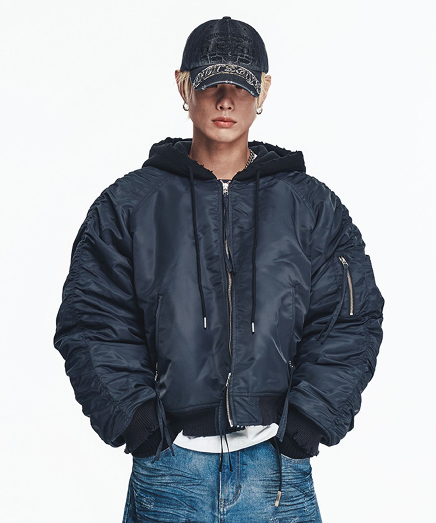 MUSINSA公式 | EASY NO EASY Destroyed Shirring Hood Ma-1 - Black