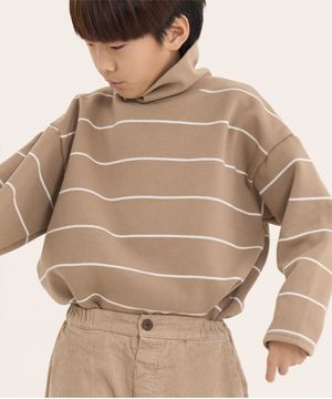 미카 하이넥 스트라이프 기모티셔츠 베이지