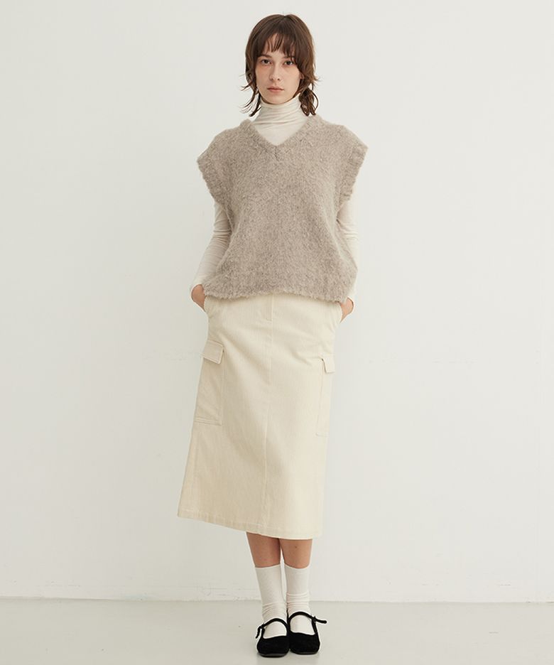 Corduroy Cargo Midi Skirt_CREAM