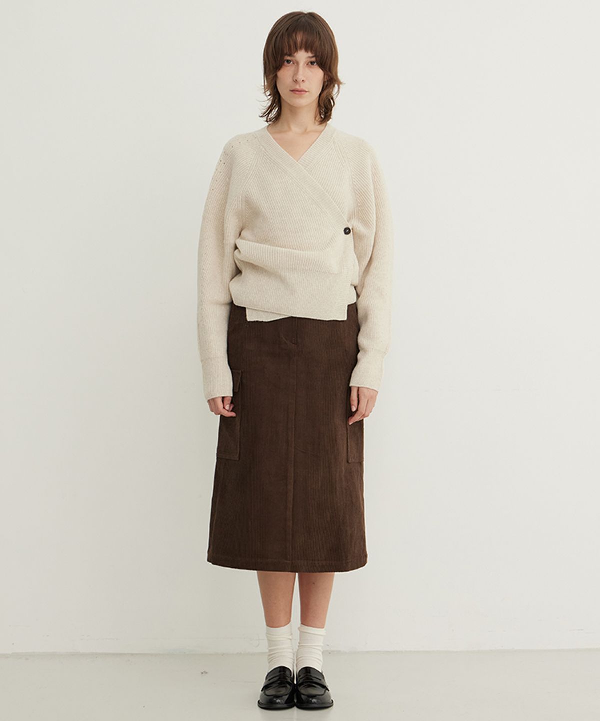 스텝어라운드(STEP AROUND) Corduroy Cargo Midi Skirt_BROWN