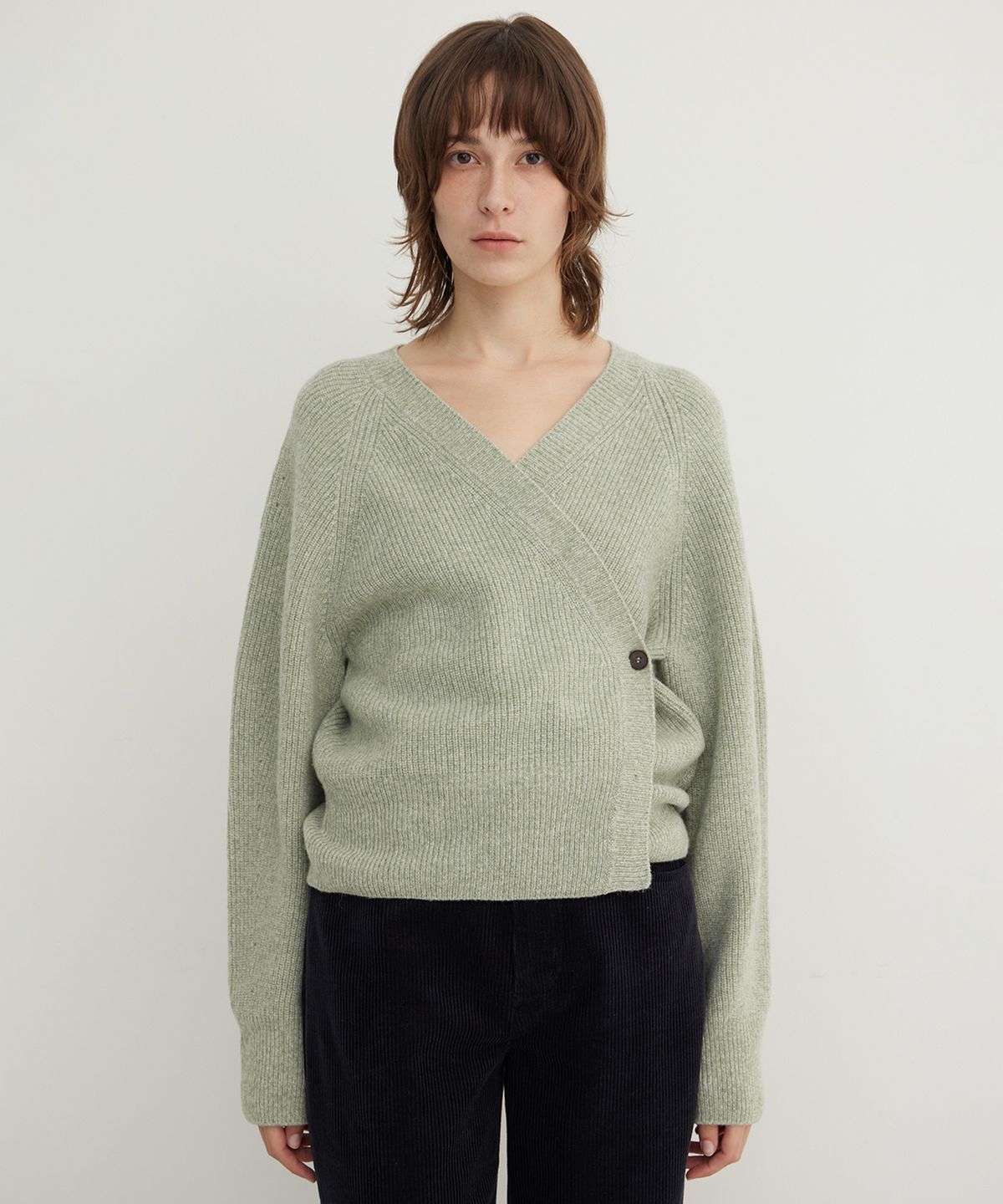 스텝어라운드(STEP AROUND) Alpaca Blend Wrap Cardigan_SAGE GREEN
