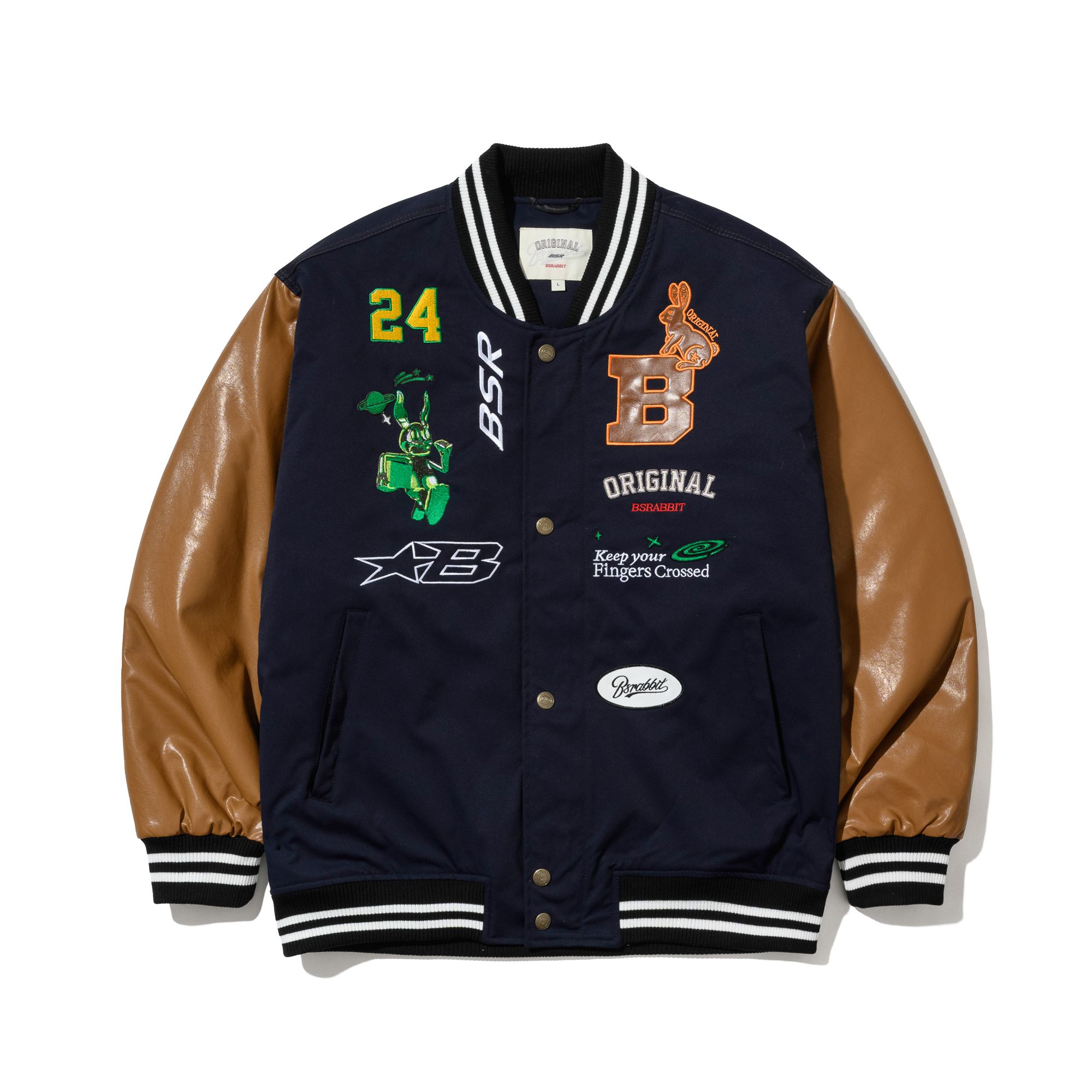 MUSINSA | BSRABBIT Trippy Rabbit Varsity Jacket Navy