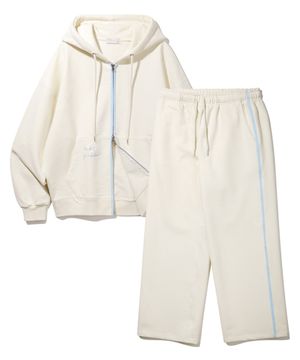 [SET] 포인트 포켓 레터링 자수 후드집업 세미와이드 스웨트 팬츠 셋업