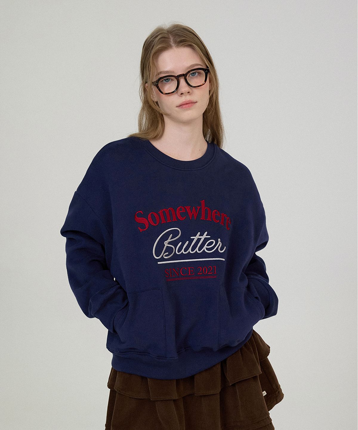 썸웨어버터(SOMEWHEREBUTTER) Pocket Vintage Sweatshirt - Navy