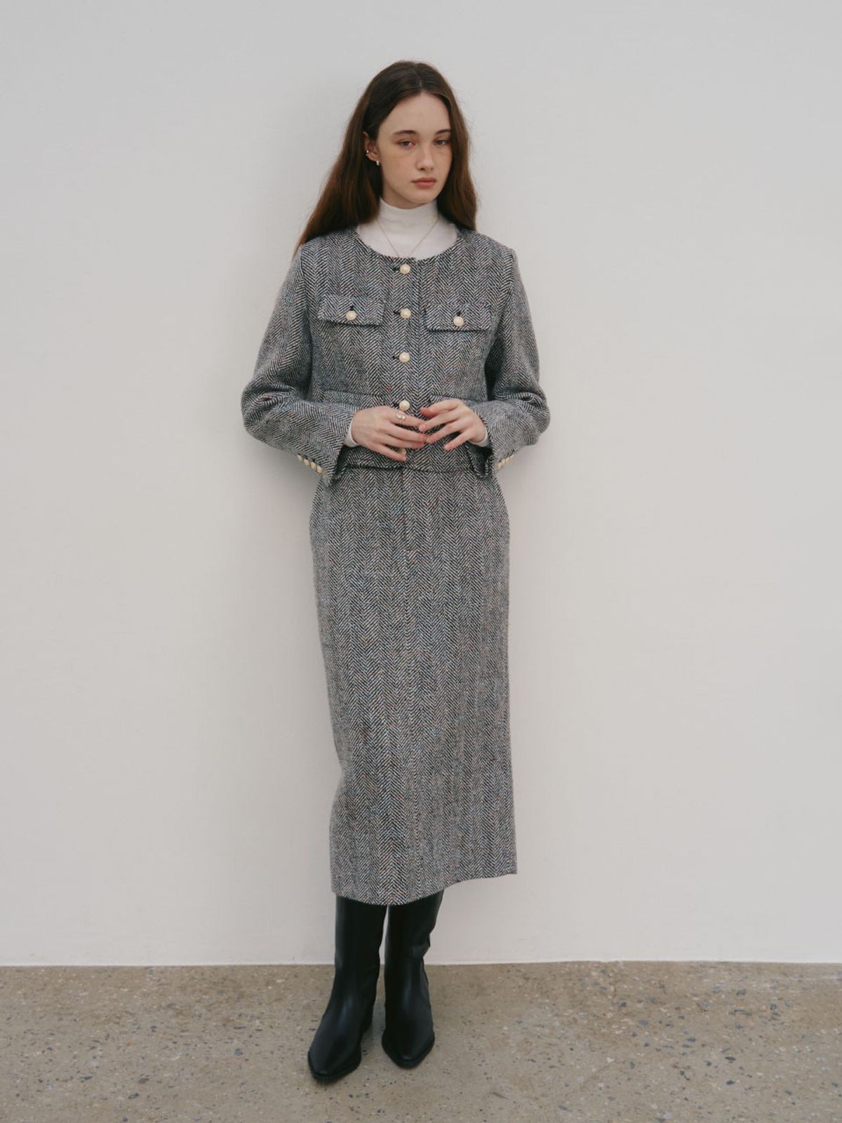 뮤제(MUSEE) SOPHIA Tweed Wool Long Skirt_Black