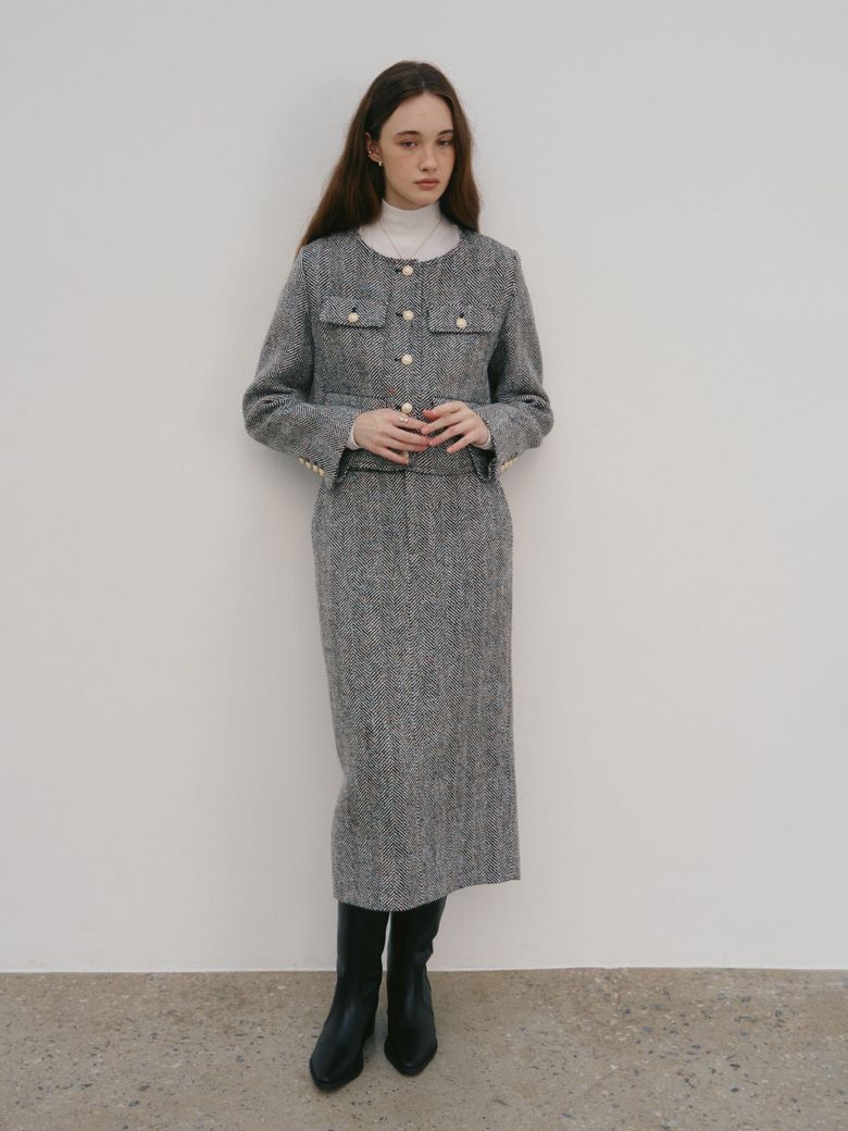 SOPHIA Tweed Wool Long Skirt_Black
