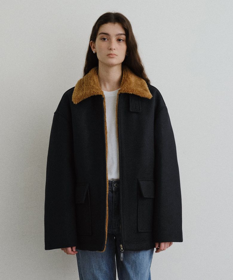 Shearling collar wool half coat