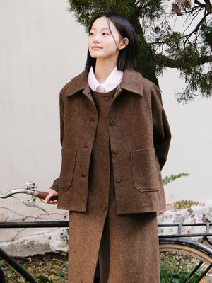 울 트위드 숏 자켓_브라운
