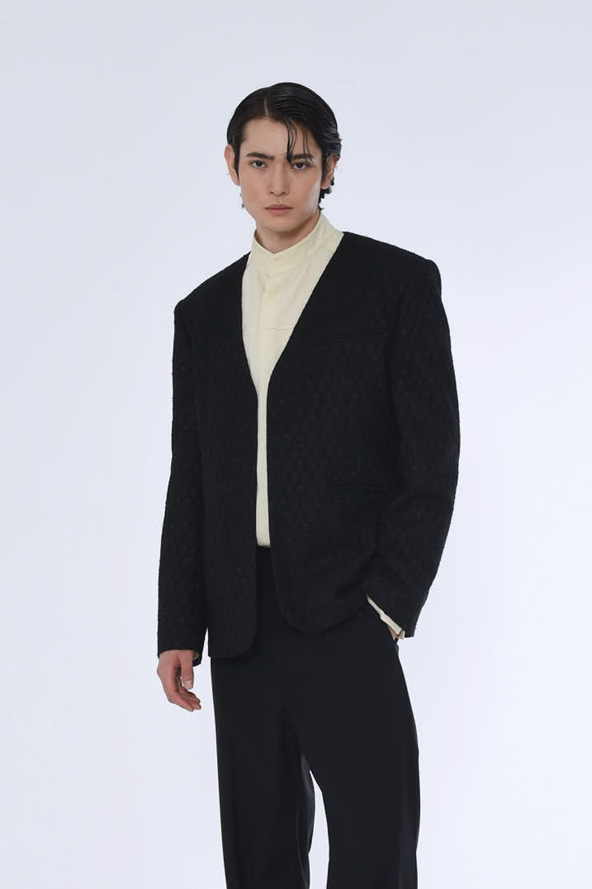 더발론(THE BALLON) MENS COLLARLESS TAILORED JACKET_BLACK