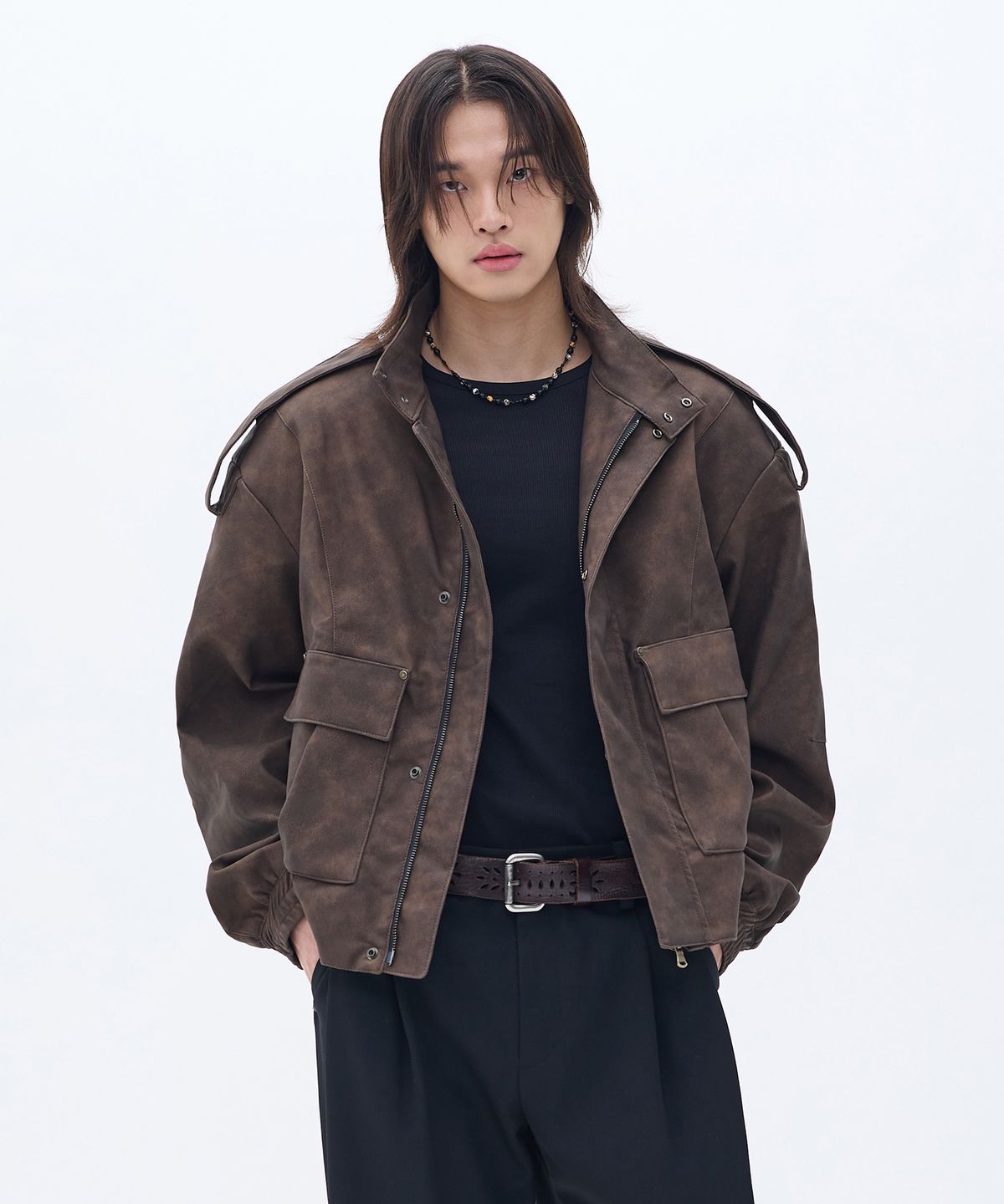 웨슬리 휴스턴(WESLEYHYUSTON) SHERIFF DOUBLE POCKET LEATHER JUMPER BROWN