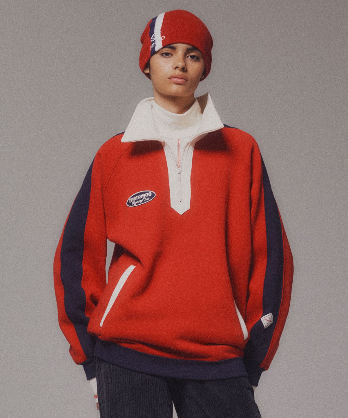 미나수(MENASOO) Color Combination Sweatshirt_Red_기모원단