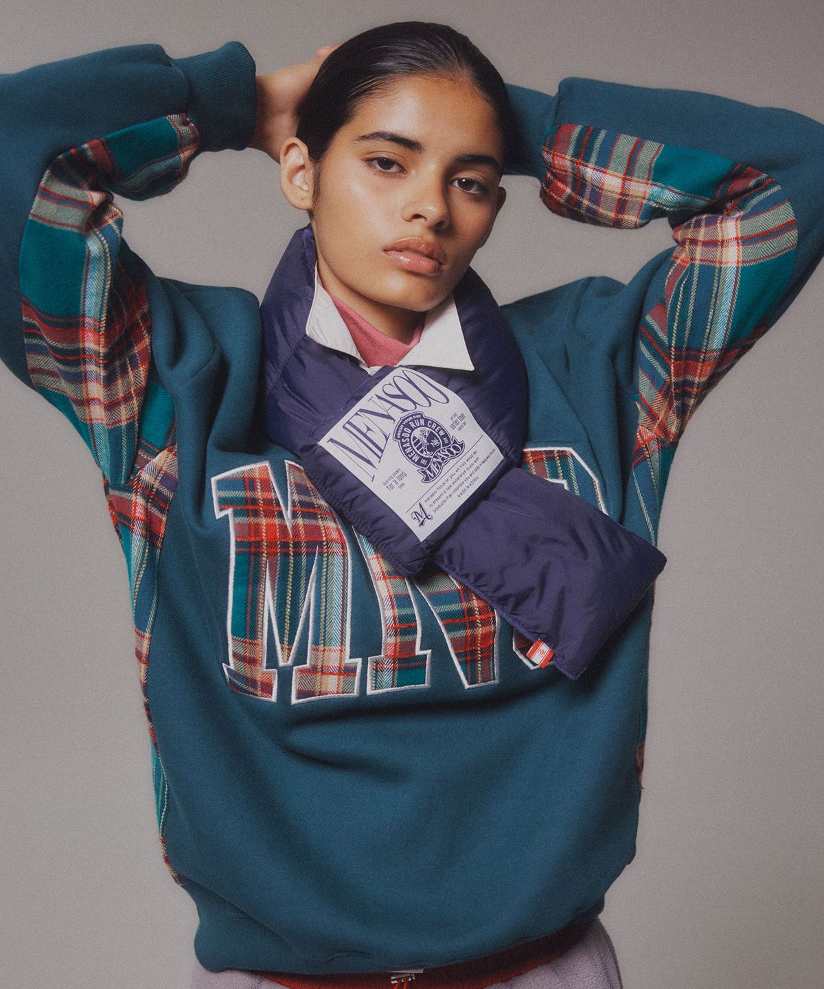 미나수(MENASOO) Check Combination Sweatshirt_Green_기모원단
