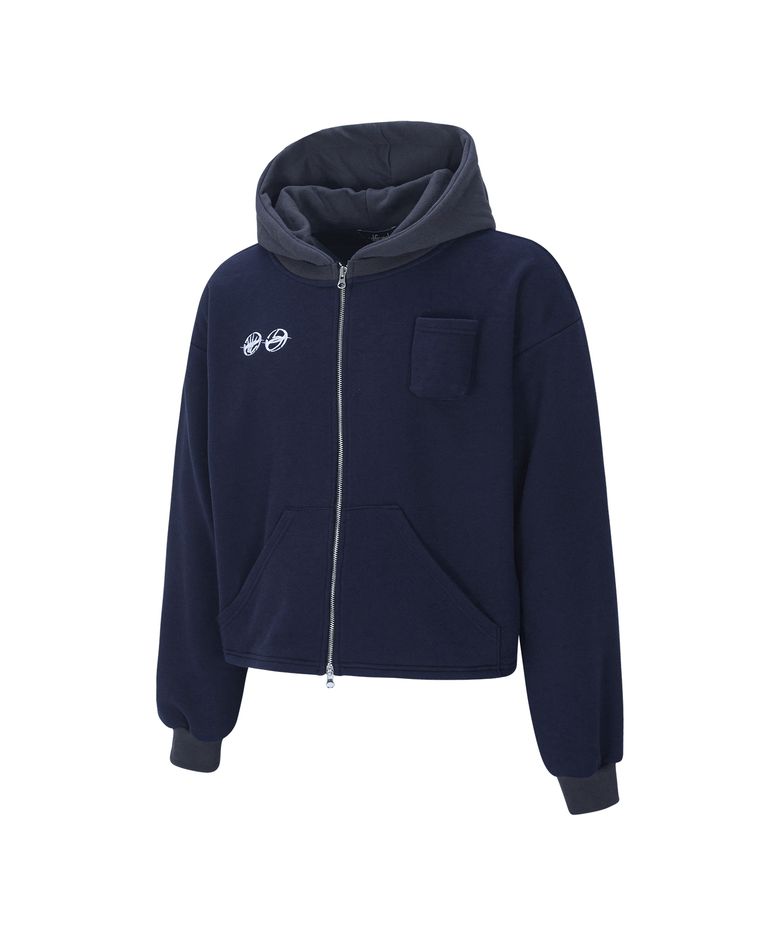 double logo cigarétte pocket hood zip-up[navy]
