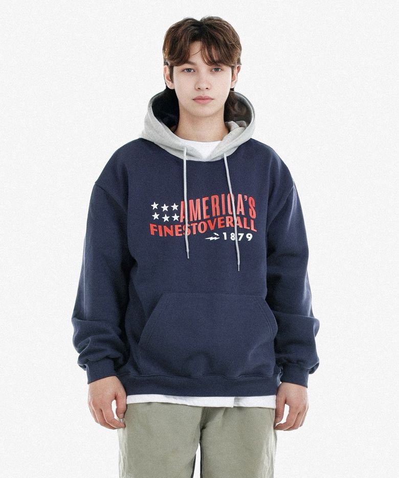 루프 아메리칸 배색 기모 후드티 네이비