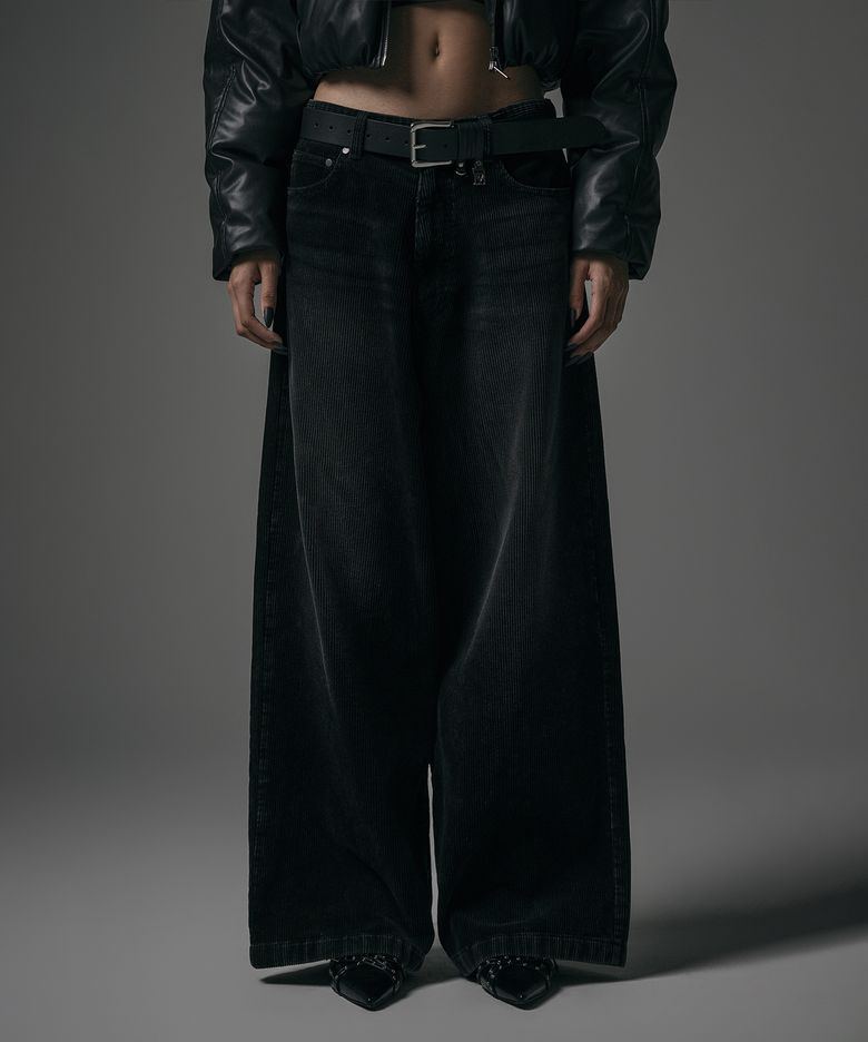 Washing Velour Corduroy Back Pocket Logo Pants [ Black ]