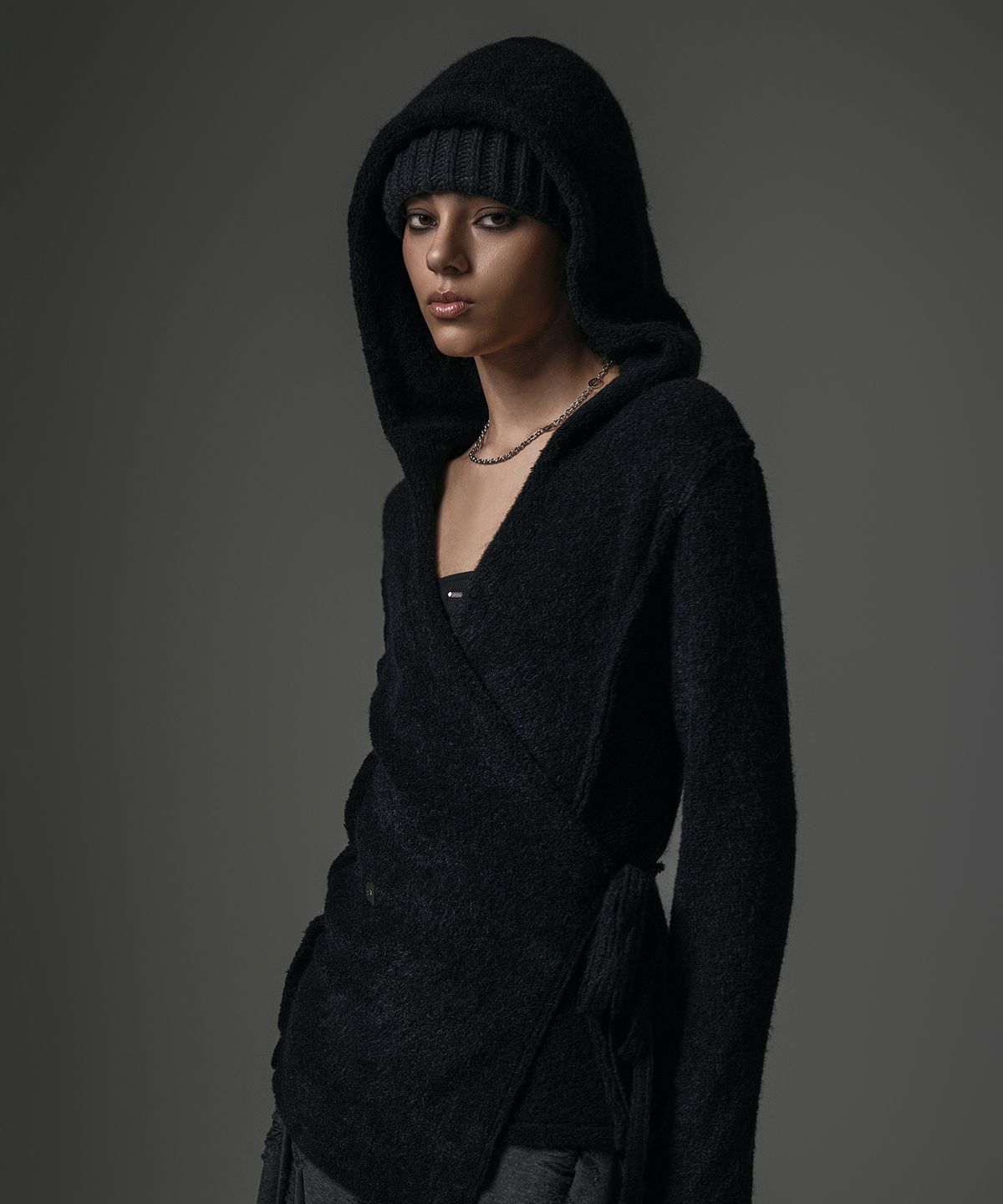 트리밍버드(TREEMINGBIRD) Terry Boucle Hoodie Wrap Cardigan [ Black ]