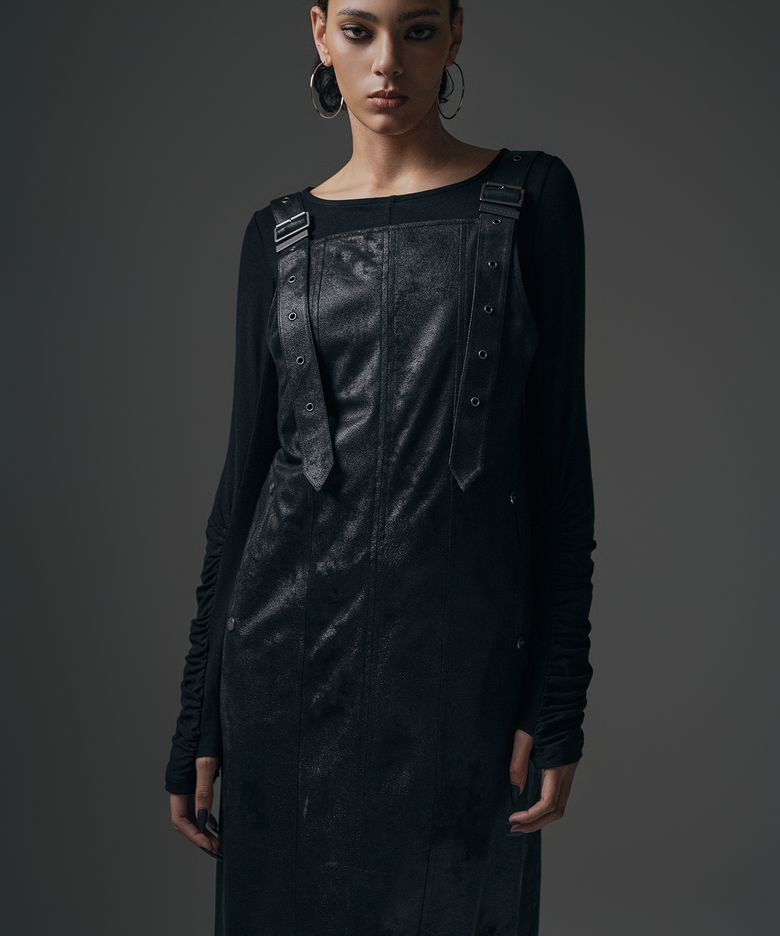 Crack Suede Suspenders One-piece [ Black ]