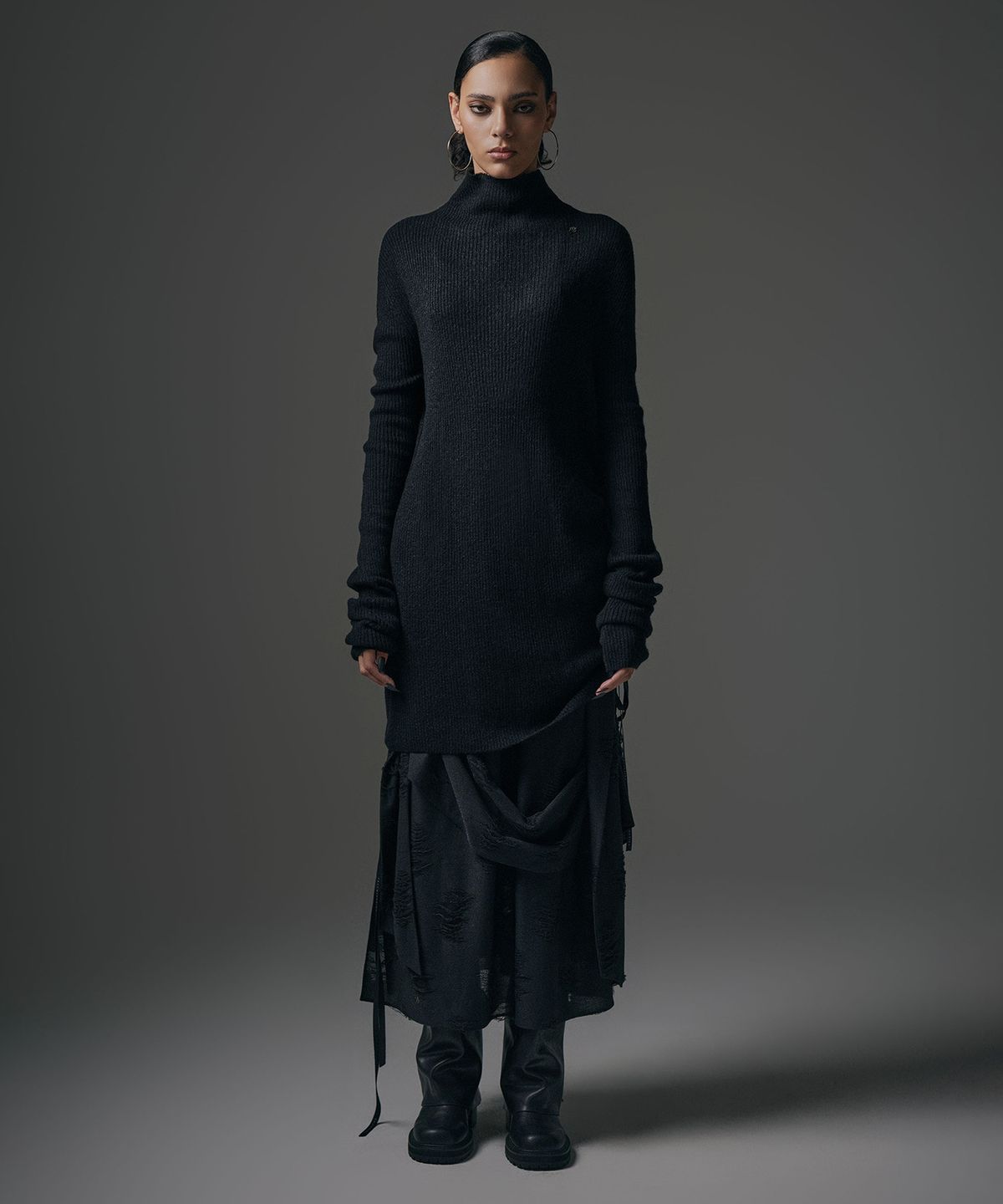 트리밍버드(TREEMINGBIRD) Alpaca Half-Turtleneck Long Knit [ Black ]