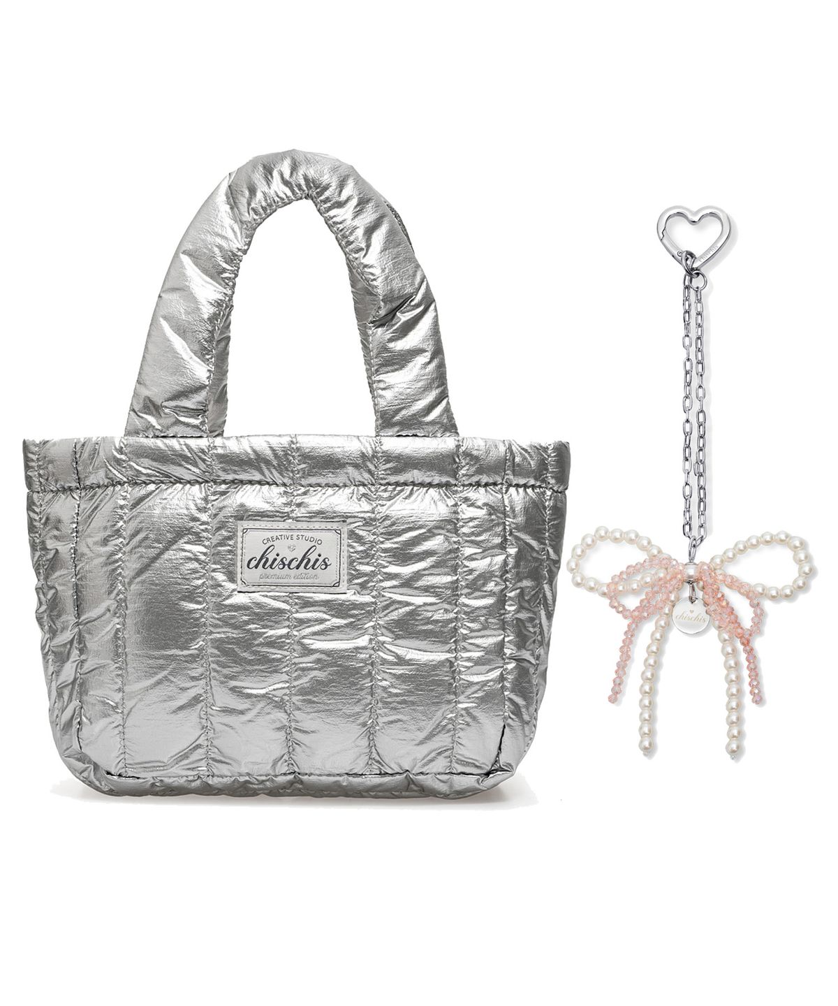 치스치스(CHISCHIS) [SET] CHISCHIS PADDING BAG_SILVER + RIBBON HEART CHARM