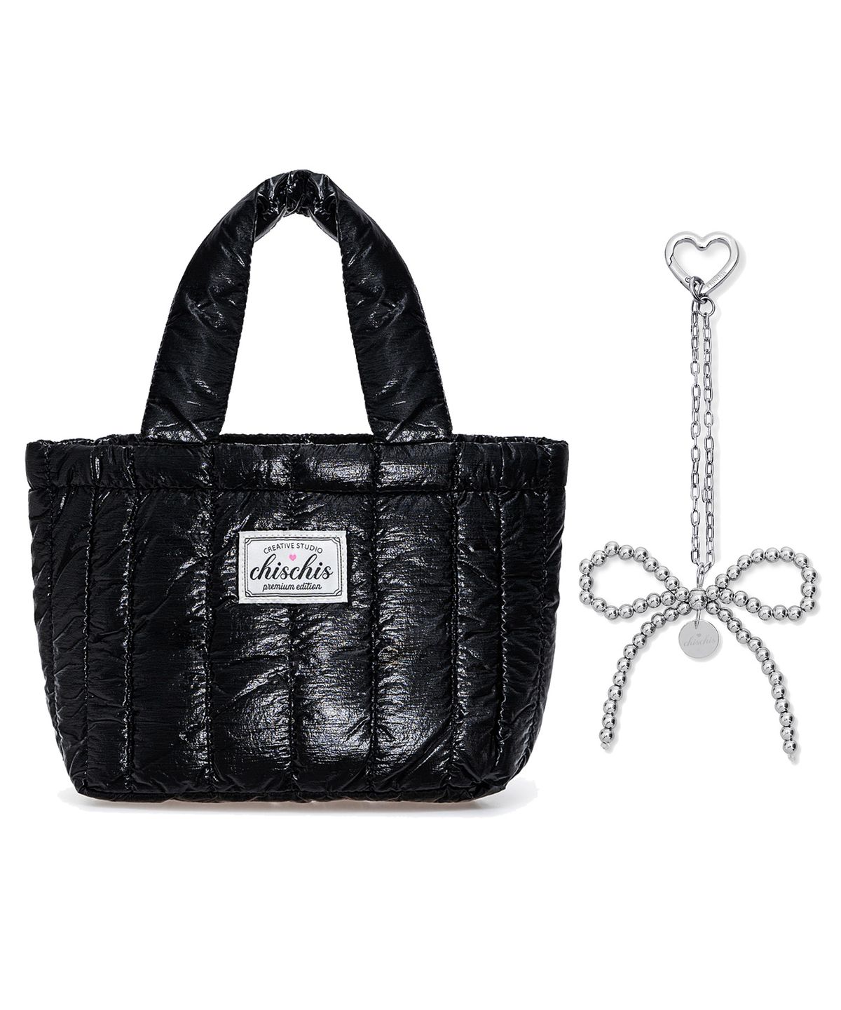 치스치스(CHISCHIS) [SET] CHISCHIS PADDING BAG_BLACK + RIBBON HEART CHARM