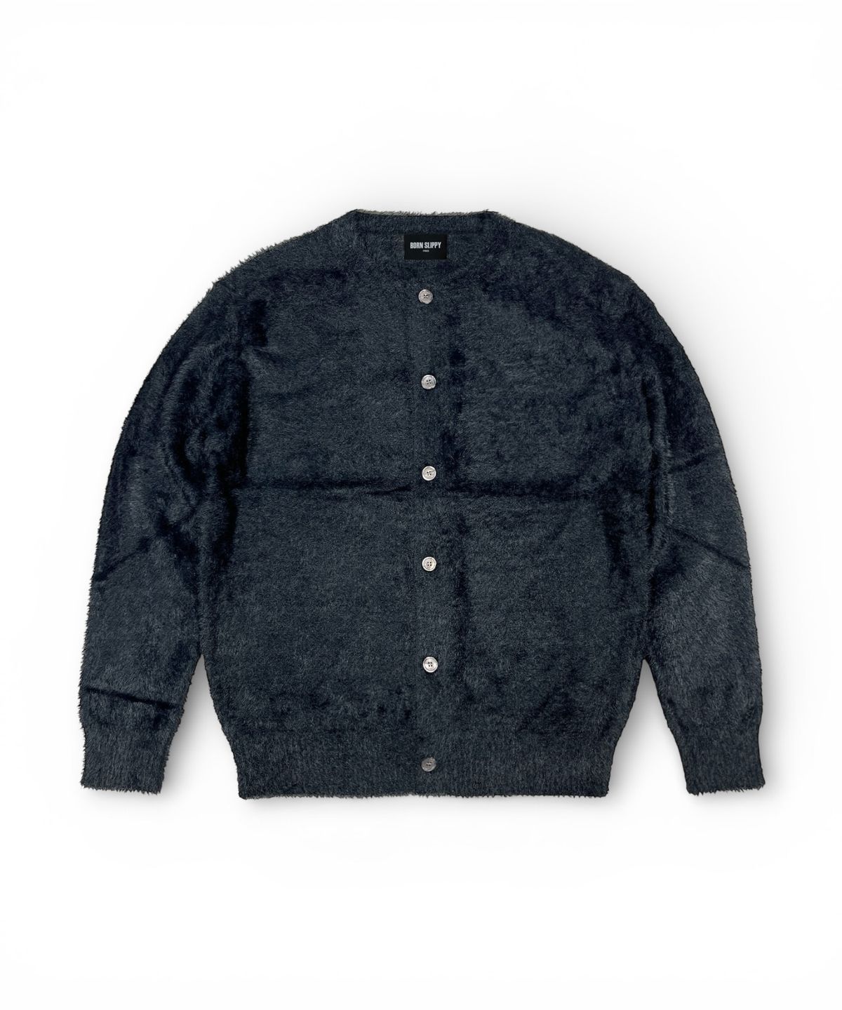 본슬리피(BORN SLIPPY) Soft Angora Round Neck Cardigan (Black)