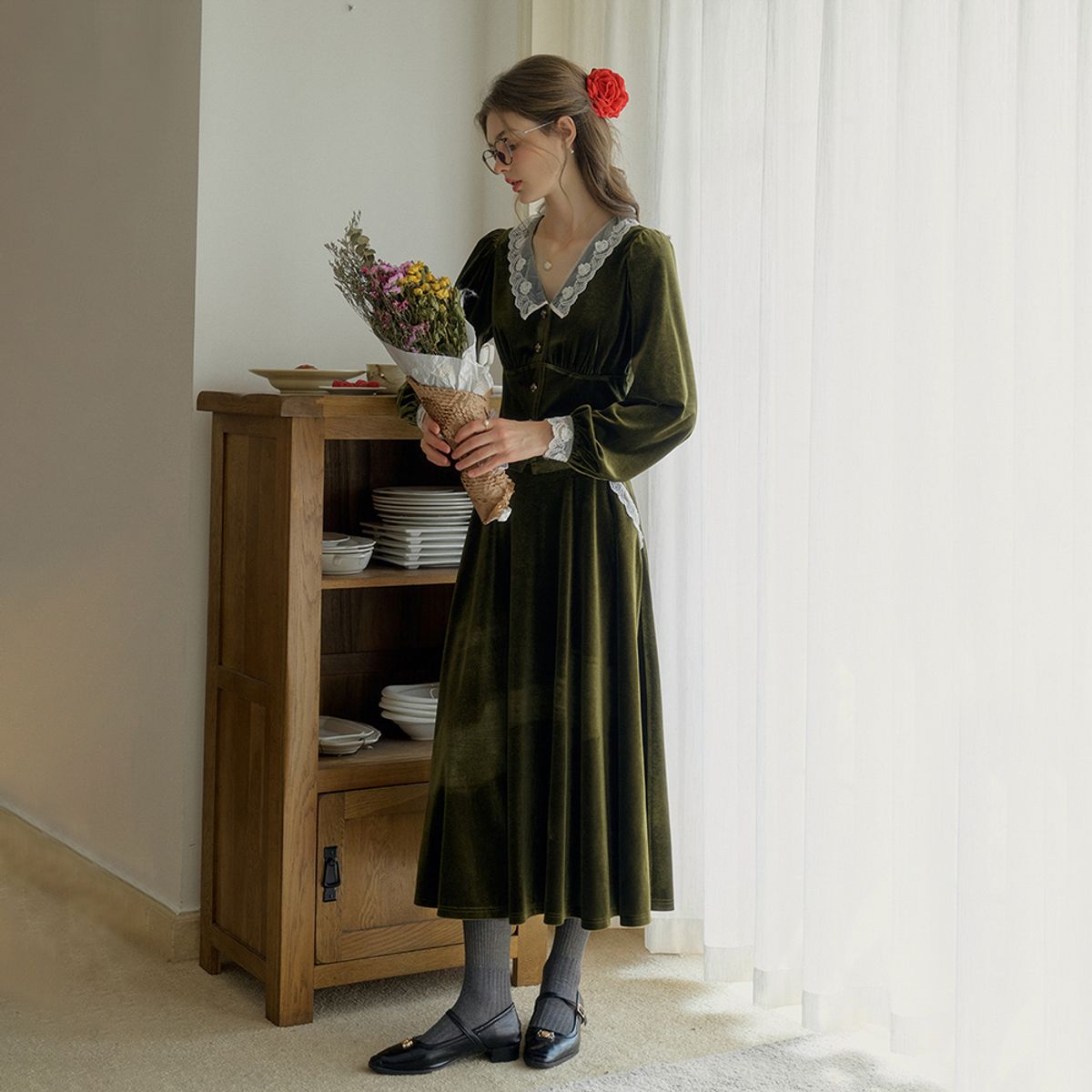 심플레트로(SIMPLE RETRO) SR_Vintage velvet green long skirt