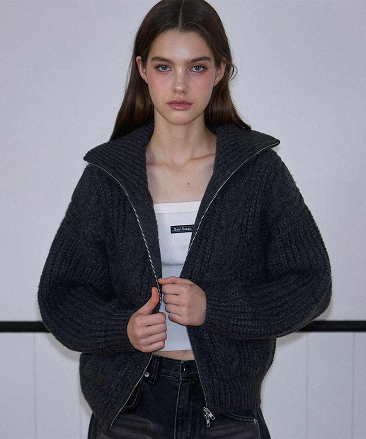 로제프란츠(ROSEFRANTZ) Two-way Twist Knit Zip-up [Charcoal]