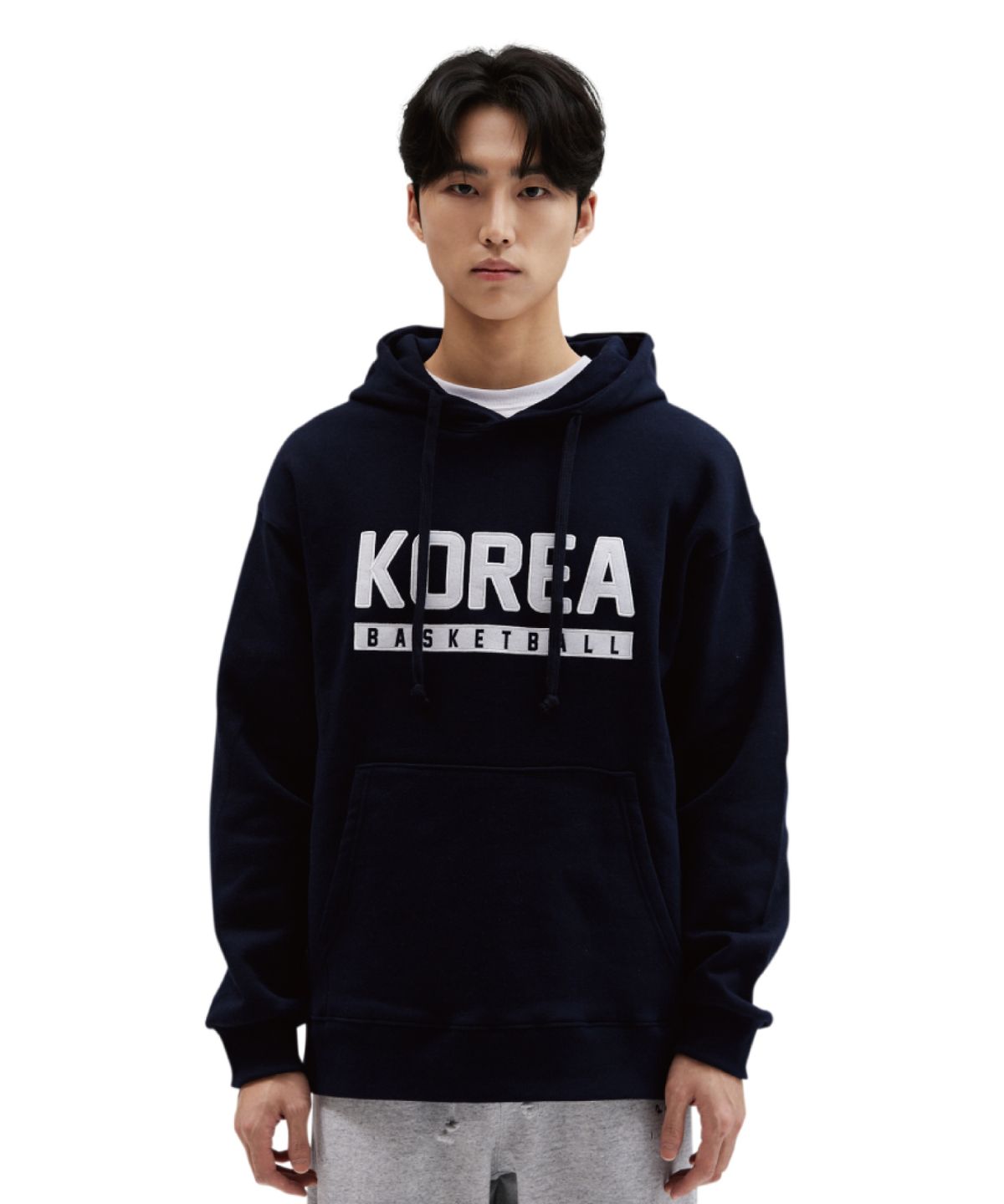 버저비터(BUZZERBEATER) 코리아 텍스트 자수 농구 후드_네이비