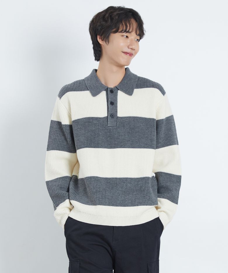 남녀공용 블럭 스트라이프 칼라 니트[GREY](UAALK11)