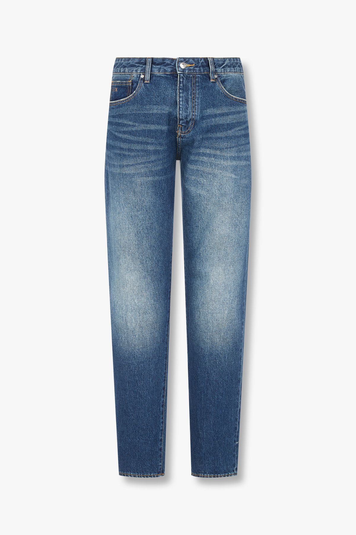 아르마니 익스체인지(ARMANI EXCHANGE) 남성 백 로고 레더 패치 데님 팬츠_블루 A414340006