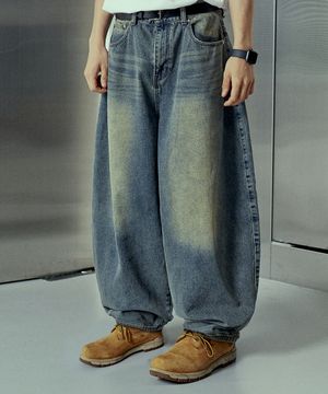 커브드 워싱 오버 와이드 벌룬 팬츠 다크옐로우