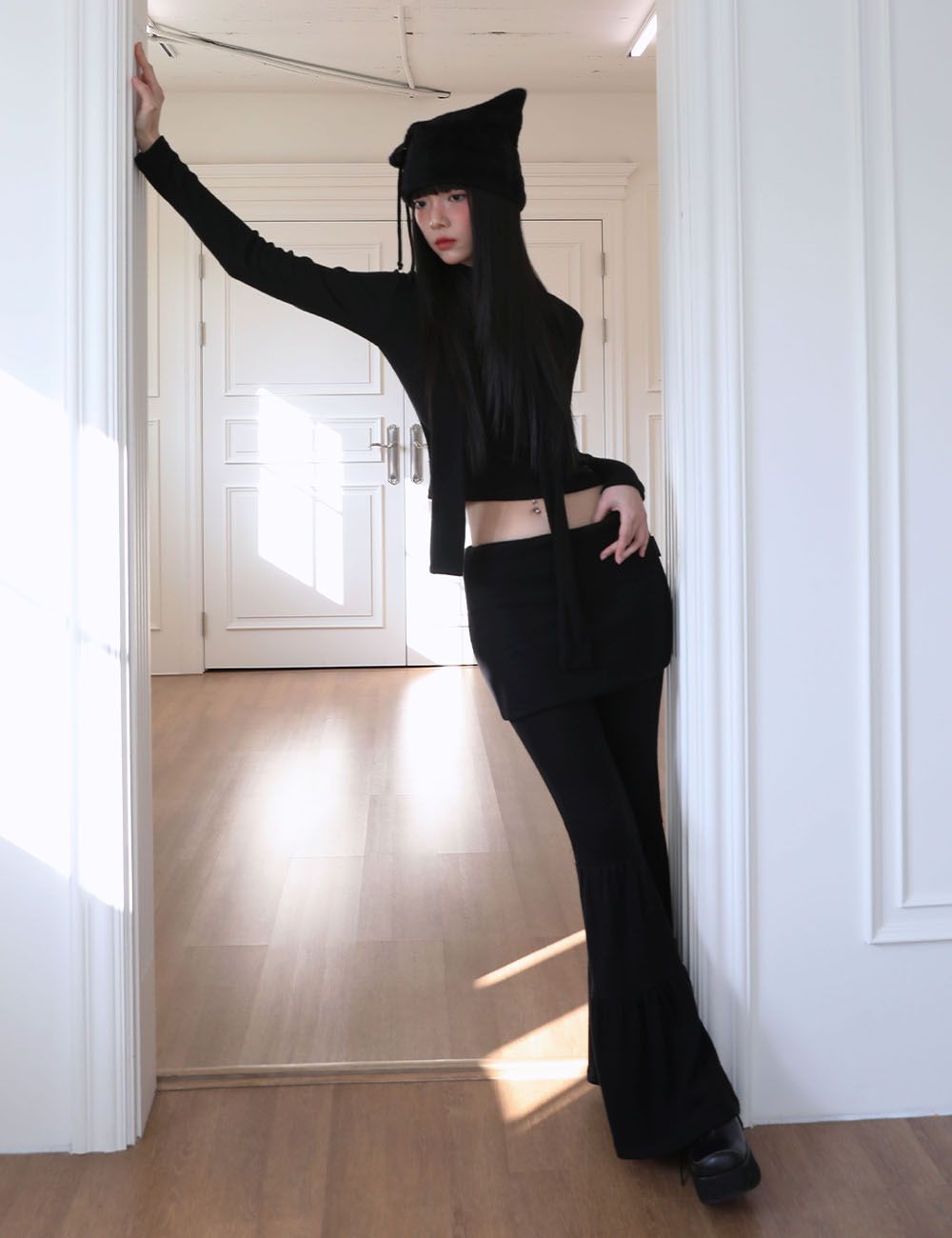 MUSINSA | UGLYSHADOW US shirring skirt long pants (black)