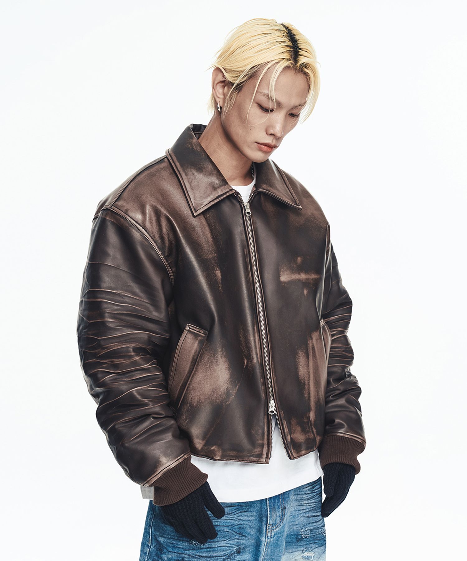 MUSINSA | EASY NO EASY Washed leather padded jumper - brown