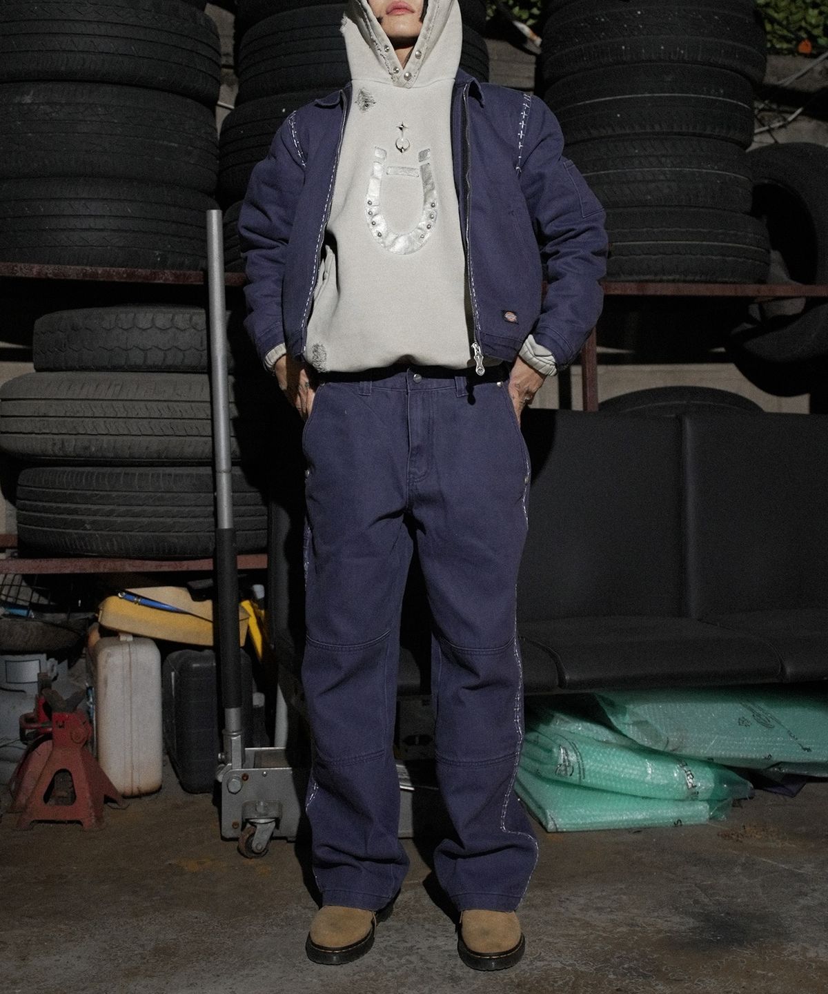 디키즈(DICKIES) X 떠그클럽 크로스 스티치 더블니 팬츠 Navy