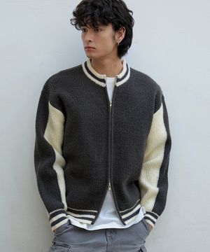바시티 배색 투웨이 라운드 집업 니트 자켓 [차콜]