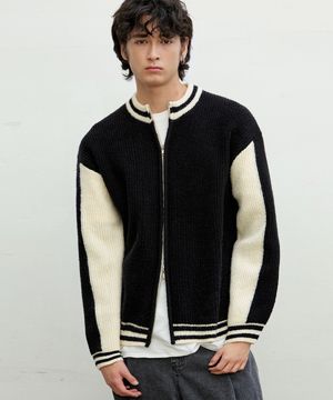 바시티 배색 투웨이 라운드 집업 니트 자켓 [블랙]