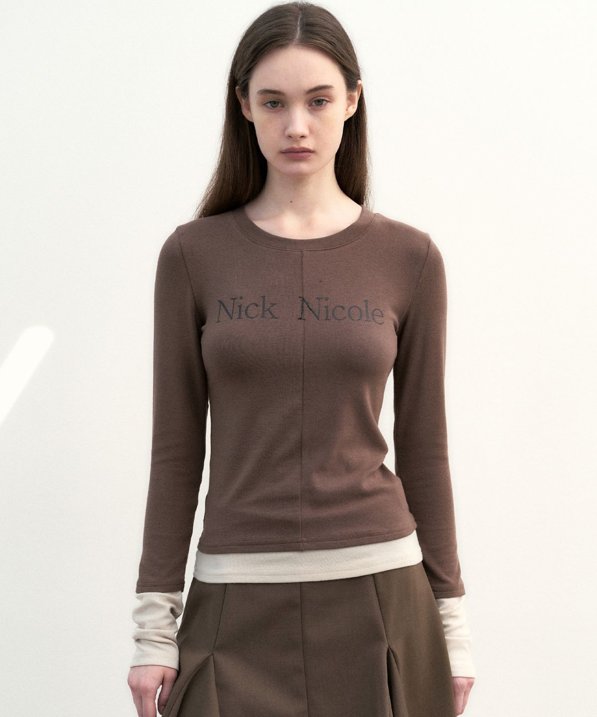 닉앤니콜(NICK&NICOLE) LAYERED PINTUCK LONG SLEEVE TOP_COCOA BROWN