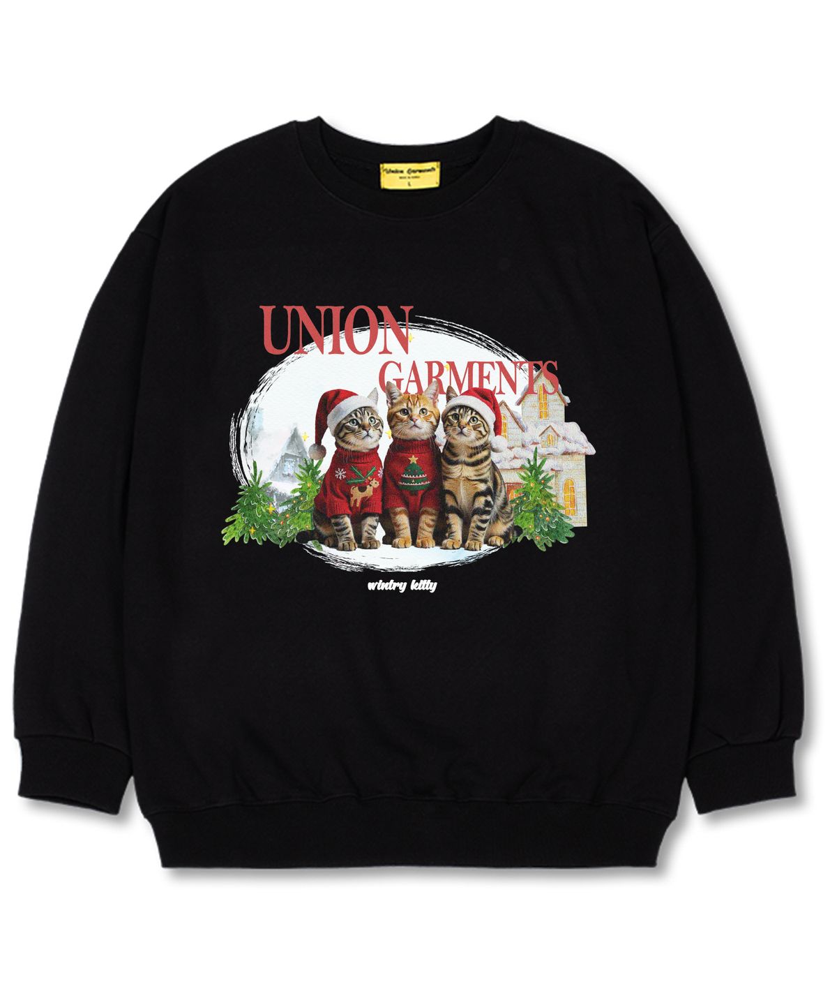 유니온가먼츠(UNION GARMENTS) 쓰리캣 오버핏 맨투맨 크리스마스 티셔츠 [기모]블랙