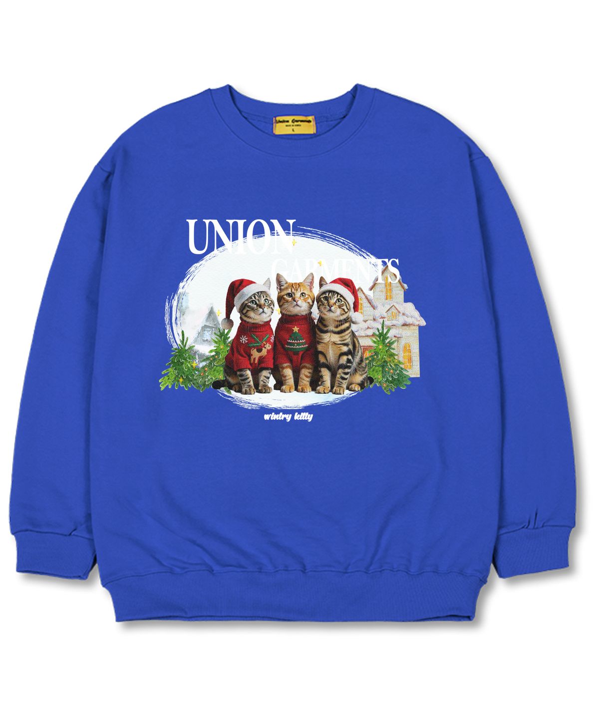 유니온가먼츠(UNION GARMENTS) 쓰리캣 오버핏 맨투맨 크리스마스 티셔츠 [기모]블루