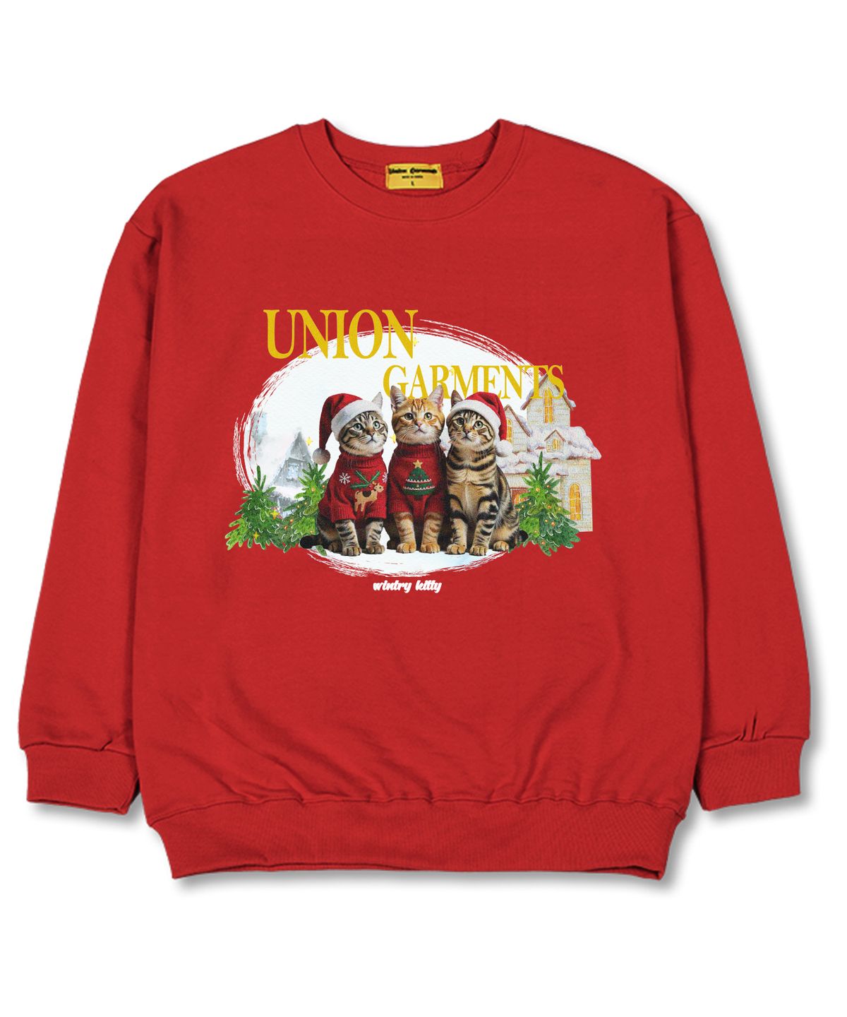 유니온가먼츠(UNION GARMENTS) 쓰리캣 오버핏 맨투맨 크리스마스 티셔츠 [쭈리]레드