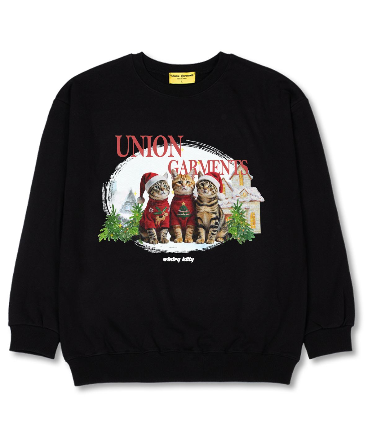 유니온가먼츠(UNION GARMENTS) 쓰리캣 오버핏 맨투맨 크리스마스 티셔츠 [쭈리]블랙