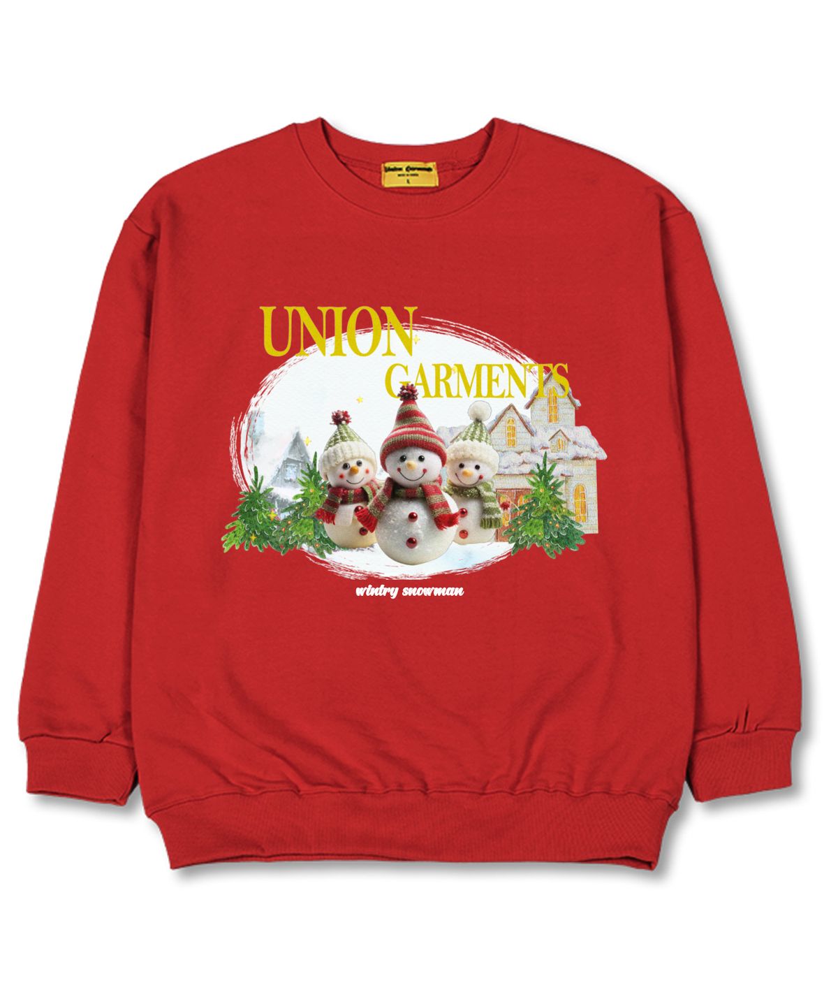 유니온가먼츠(UNION GARMENTS) 쓰리스노우맨 오버핏 맨투맨 크리스마스 티셔츠 [쭈리]레드