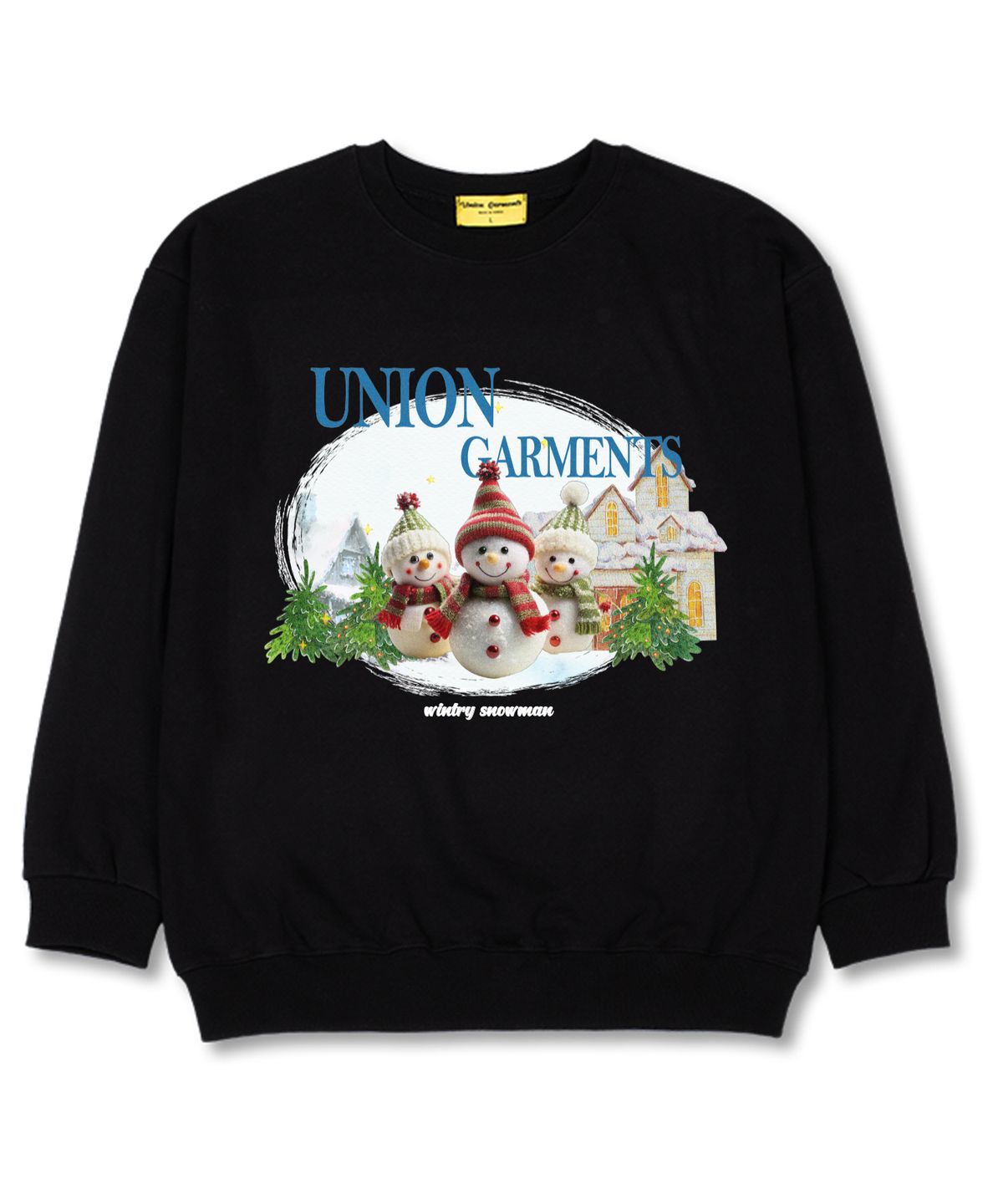 유니온가먼츠(UNION GARMENTS) 쓰리스노우맨 오버핏 맨투맨 크리스마스 티셔츠 [쭈리]블랙