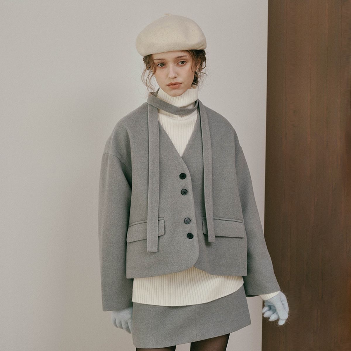던드롭(DUNDROP) DD_V-neck jacket skirt set_BLUE