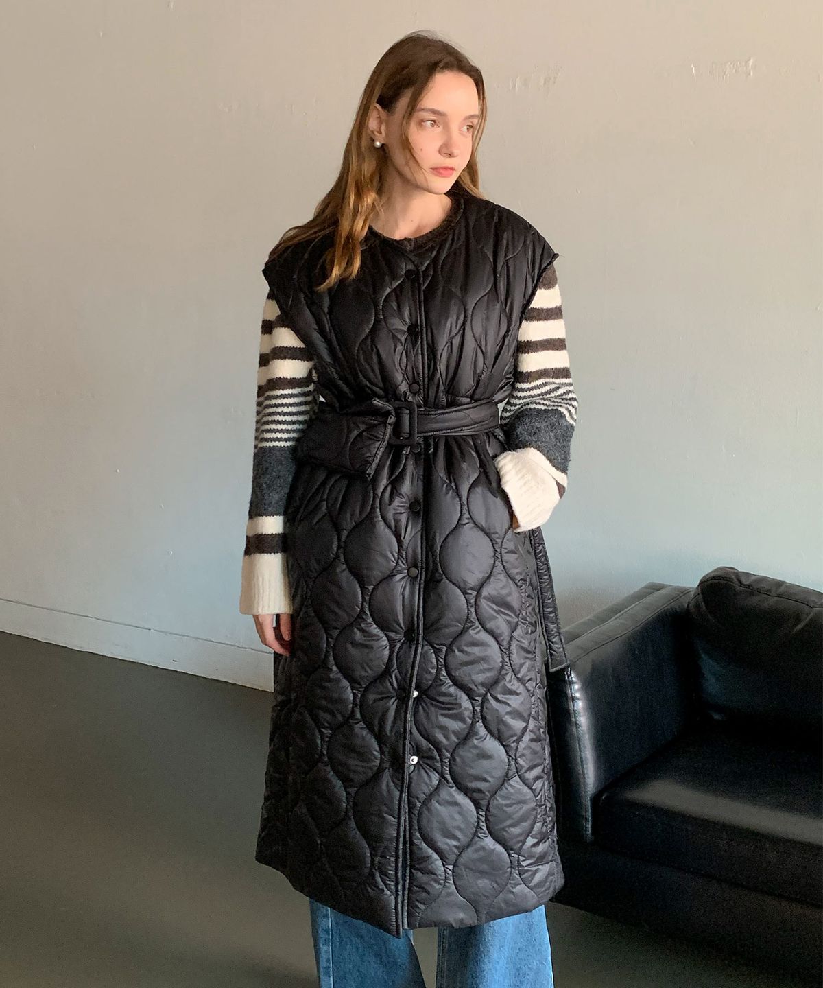 바스카라(VASCARA) Quilting Belted Pocket Long Vest (2 colors)