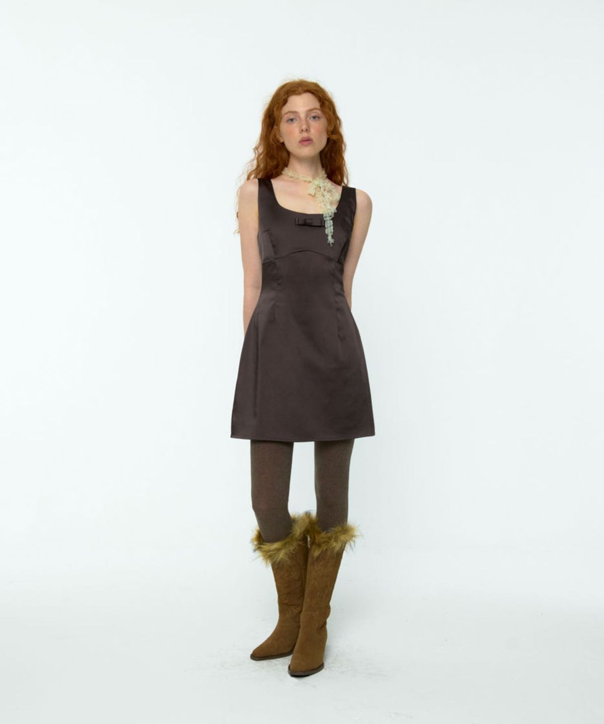 루루서울(LOULOUSEOUL) Prom Slim Satin Mini Dress (Brown)