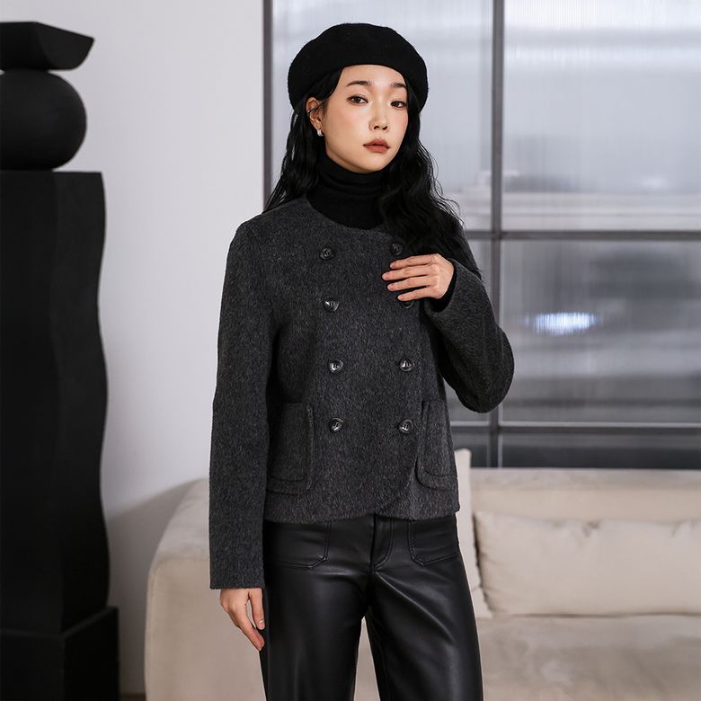 더블버튼 울 핸드메이드 라운드넥 숏코트
