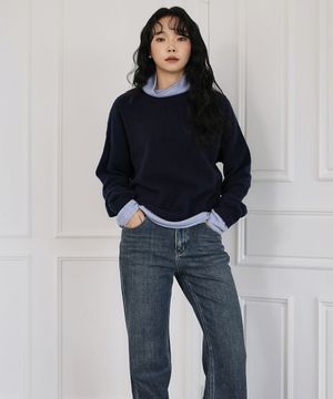 배색 콤비 하이넥 울 니트