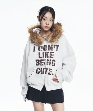 크롭 퍼 후드 집업 - 아이보리